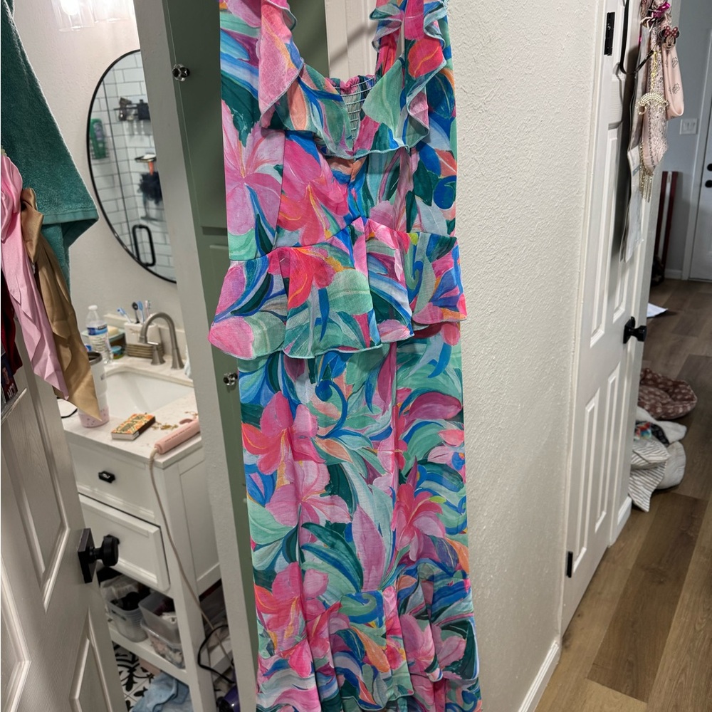 Show Me Your MuMu Pink and Green Floral Midi Dress